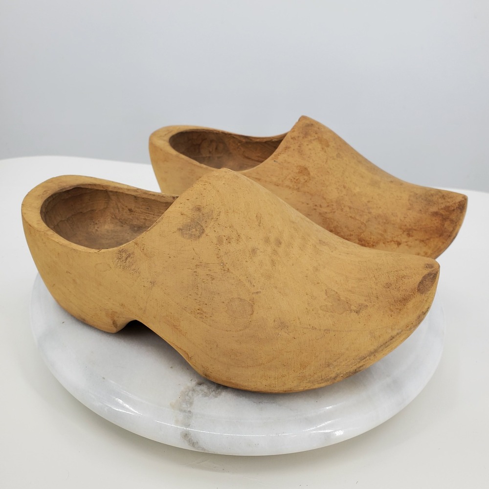 Vintage Hand Carved Wooden Clogs Made in Holland Natural Wood Shoes Decor